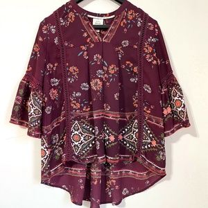 Knox Rose Boho Embroidered Trim Floral Top Sleeve  3/4 Bell Sleeve